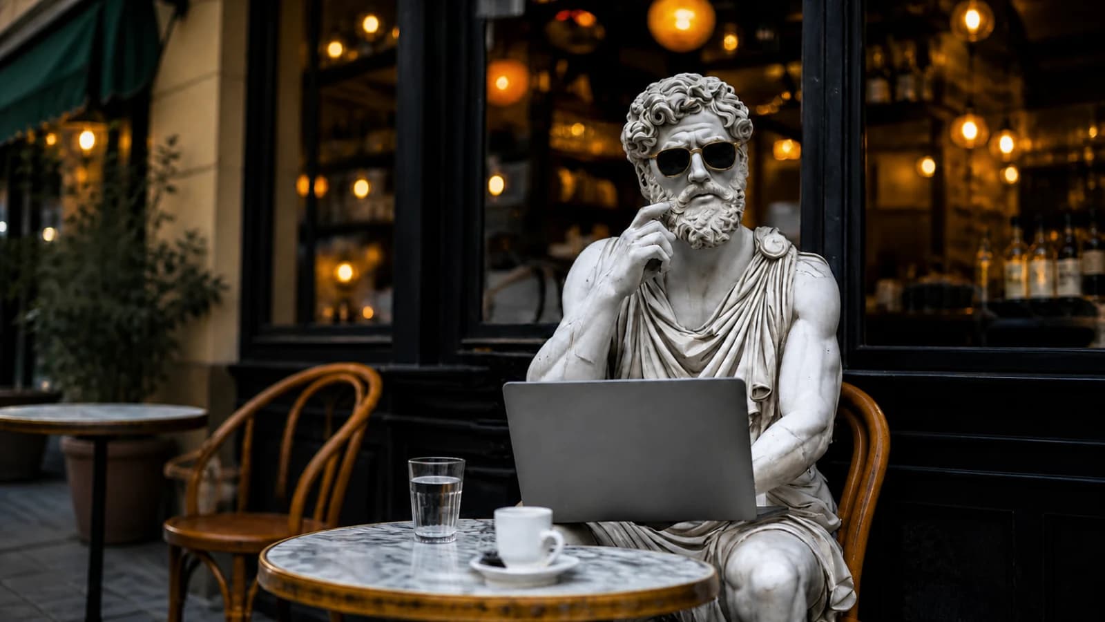 Classical statue in sunglasses working at a laptop in a warm cafe