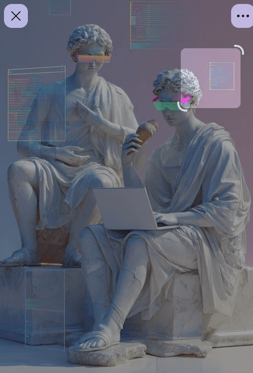 Classical figures framed by translucent technology interfaces