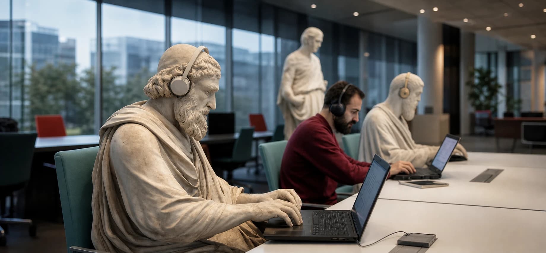 Marble and human colleagues working together in a modern office