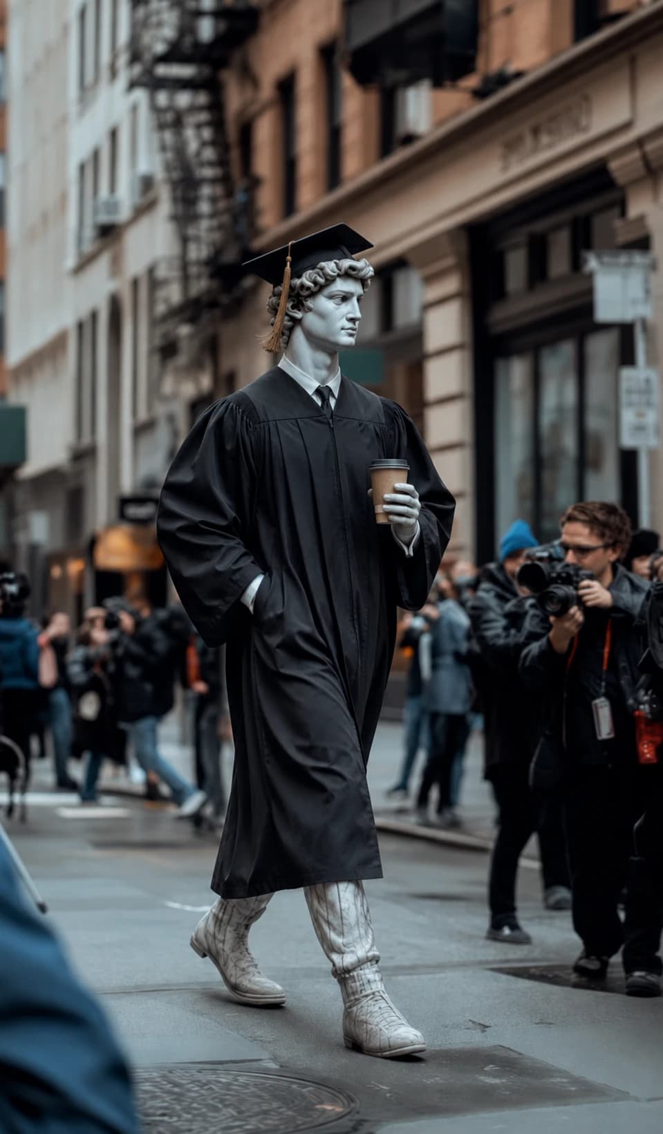 A marble graduate in academic dress walking through a city press crowd