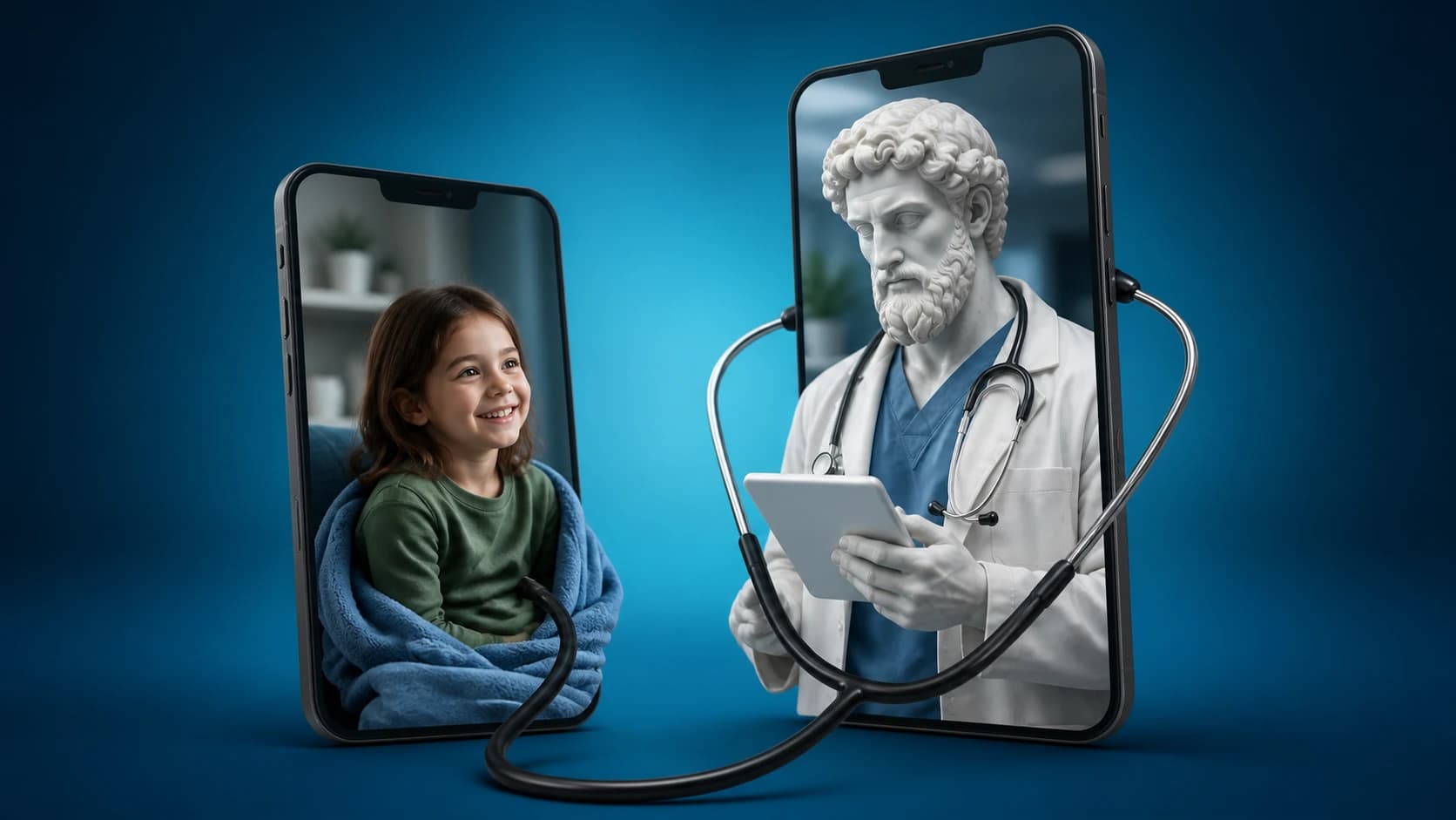 A marble physician consulting with a young patient through connected phones