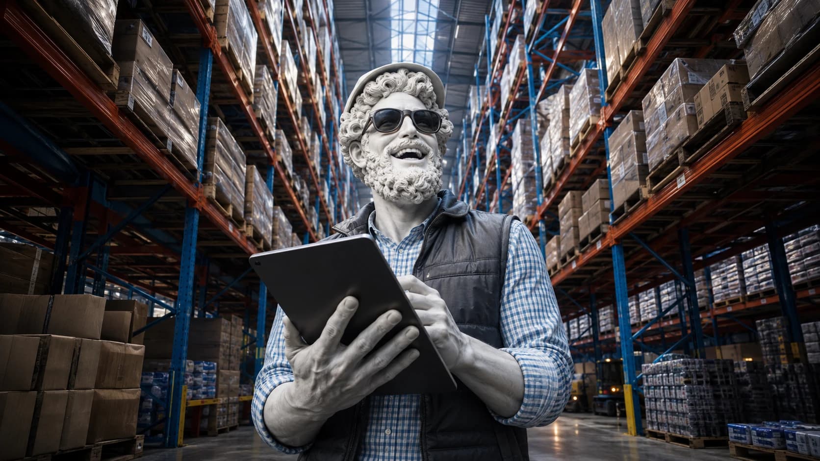 A joyful marble logistics operator using a tablet in a modern warehouse