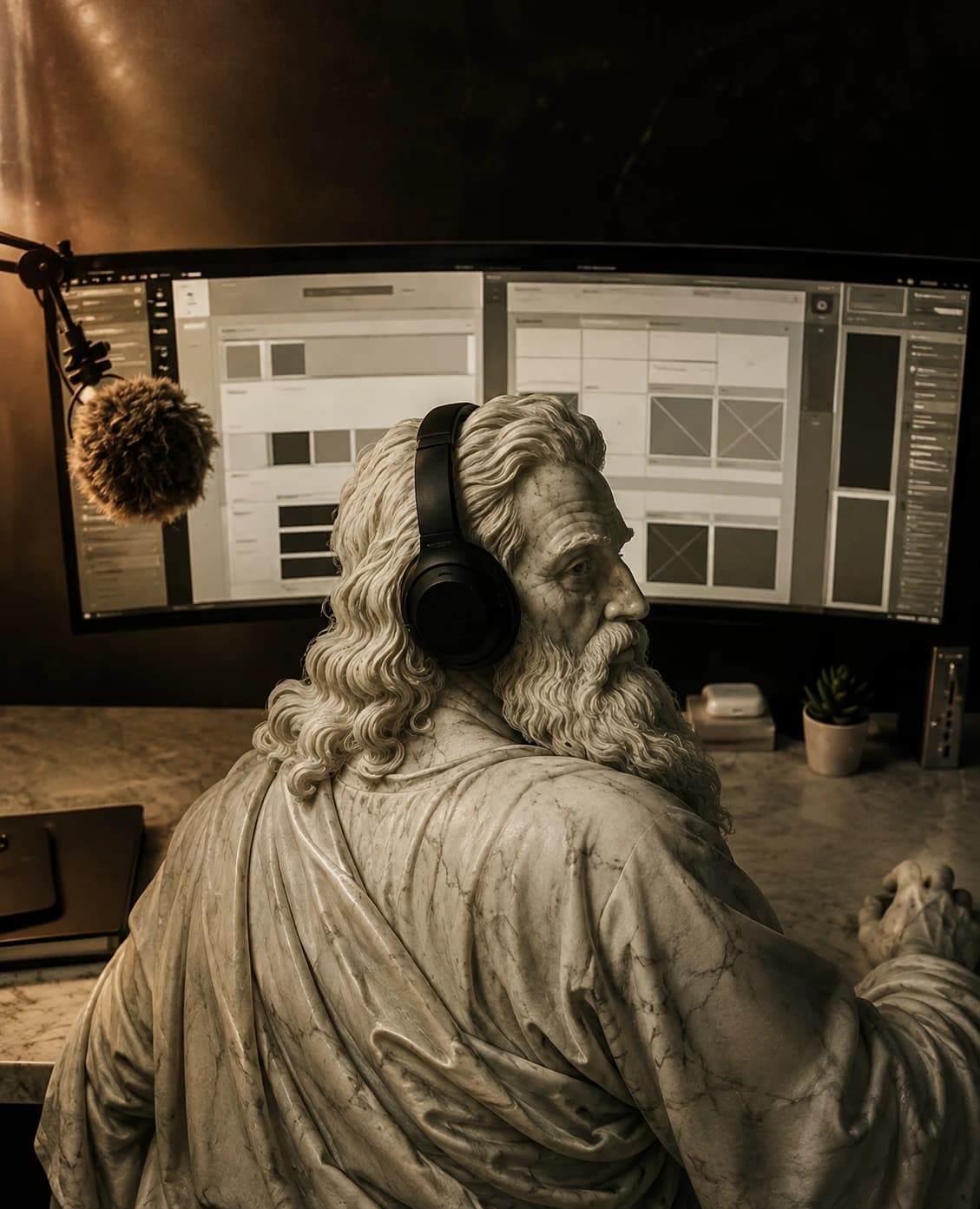 A marble designer wearing headphones at a cinematic UX workstation