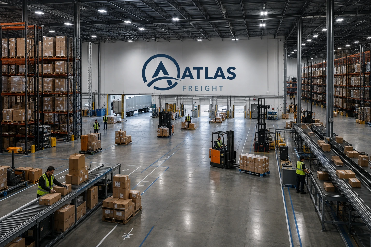 Atlas Freight operators coordinating regional logistics from a glass control room