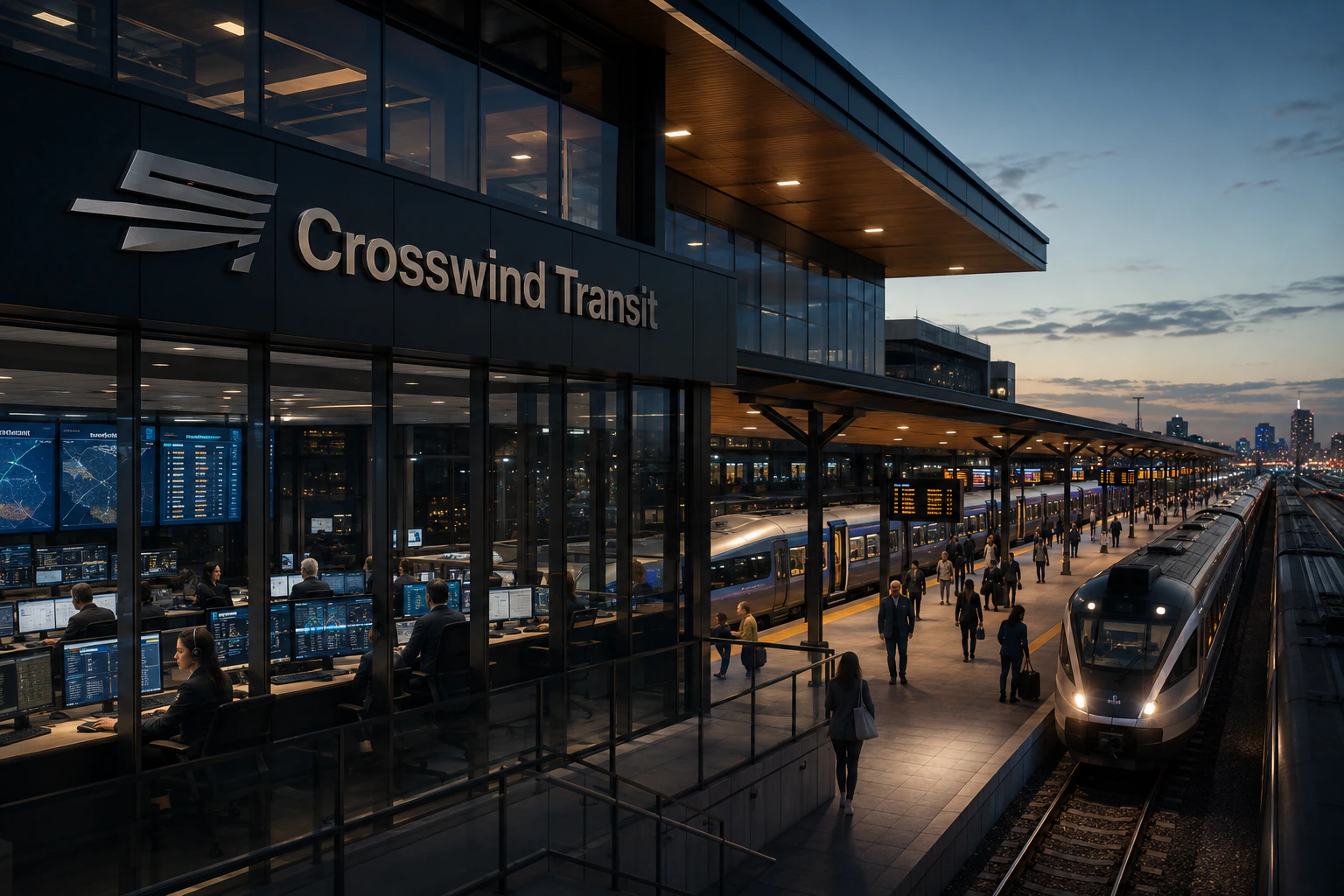 Crosswind Transit operations hub beside an active passenger platform