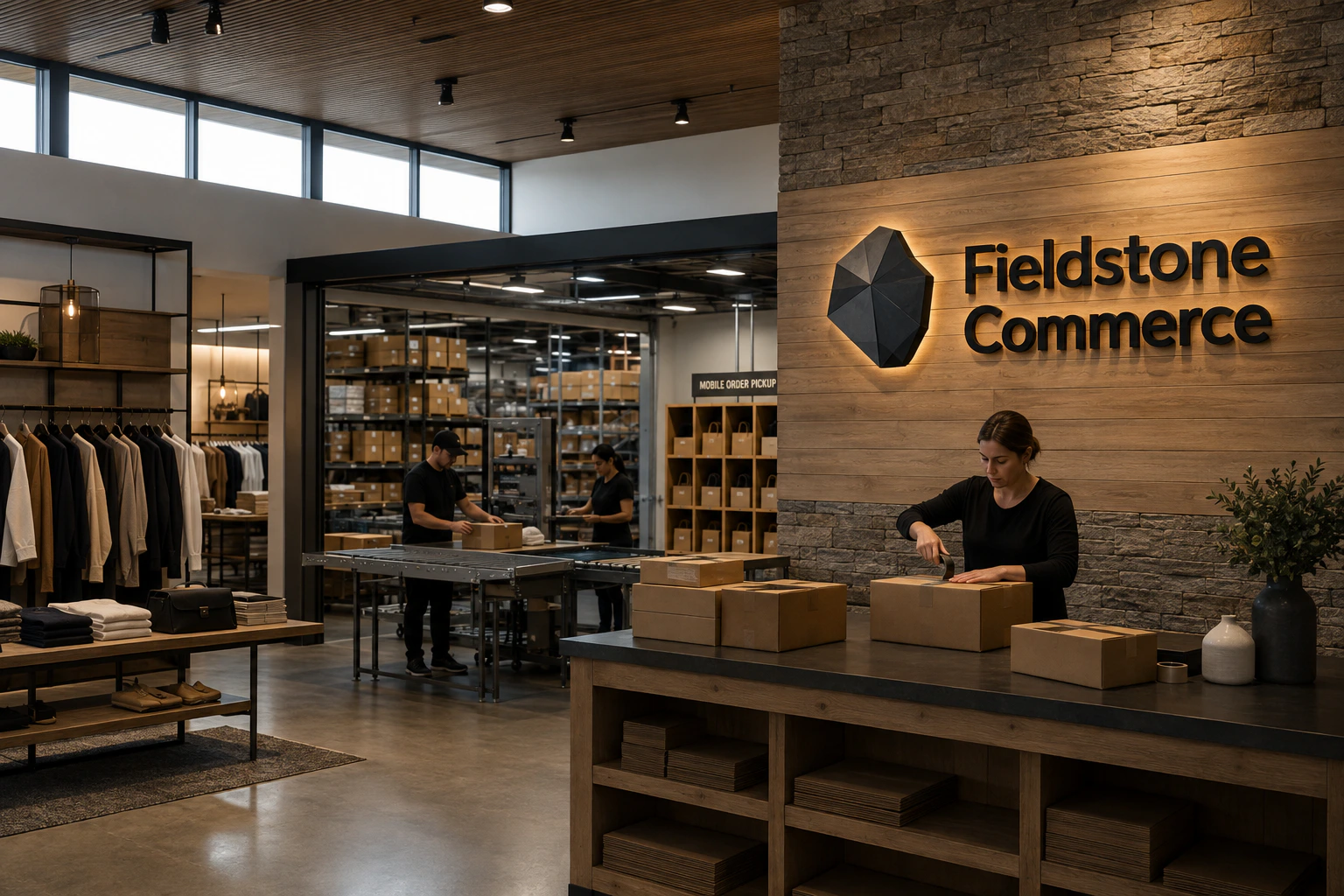 Fieldstone Commerce team packing orders in a premium fulfillment studio
