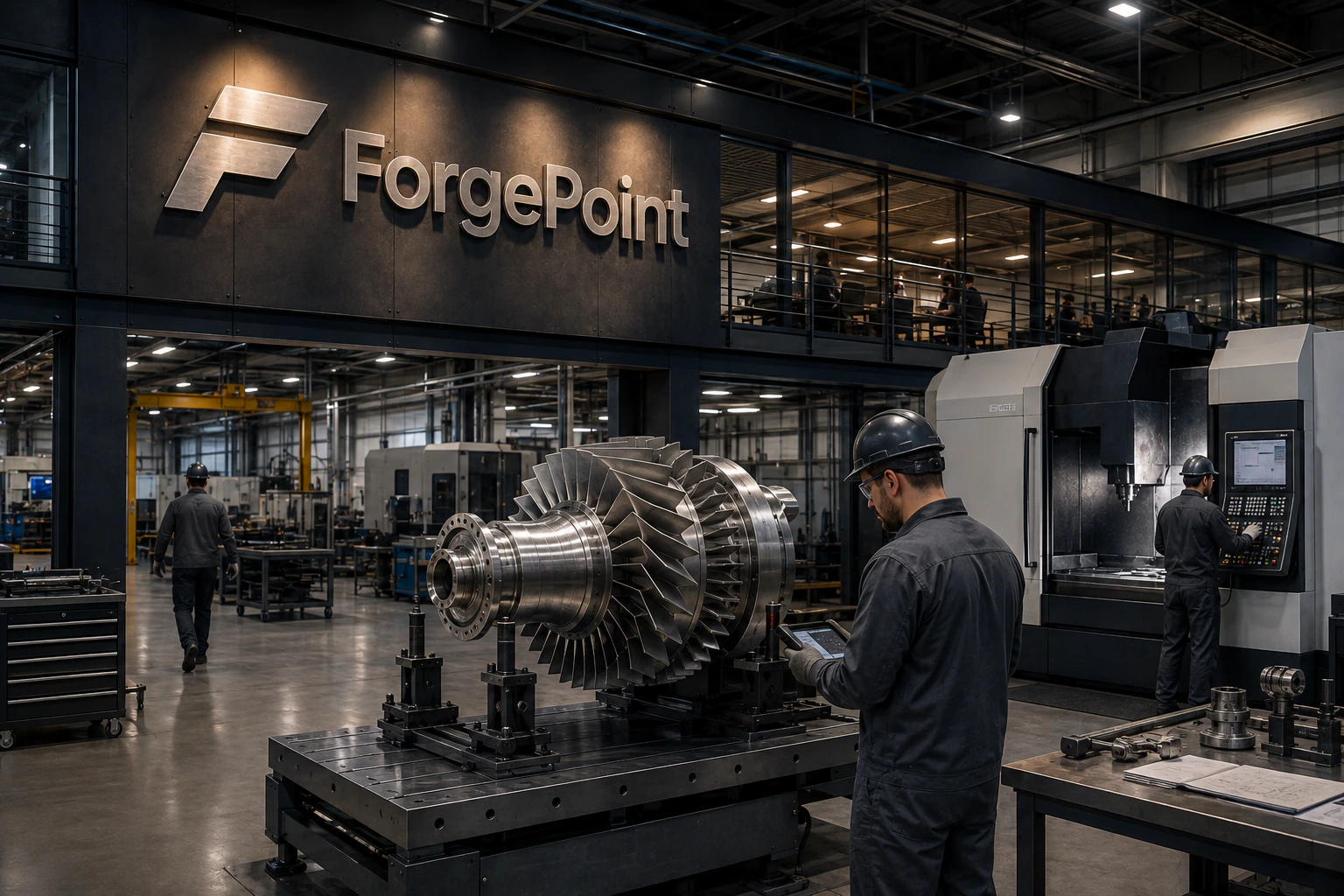 ForgePoint engineers inspecting a turbine in an advanced manufacturing hall