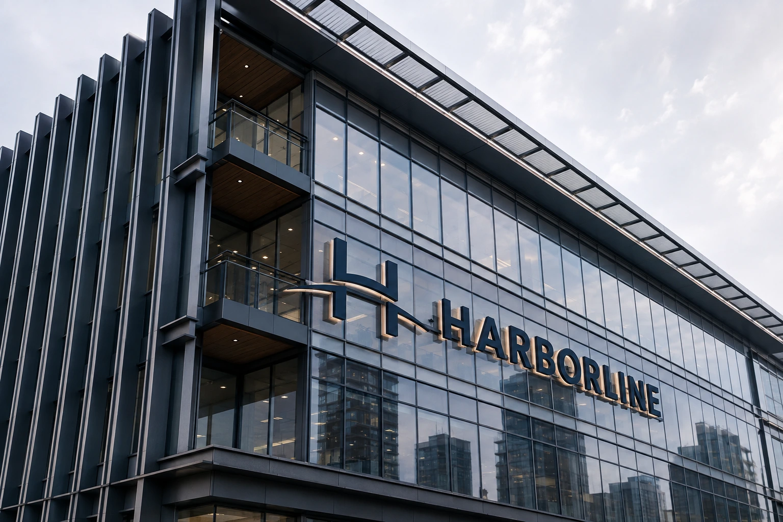 Harborline glass headquarters in a bright modern city district
