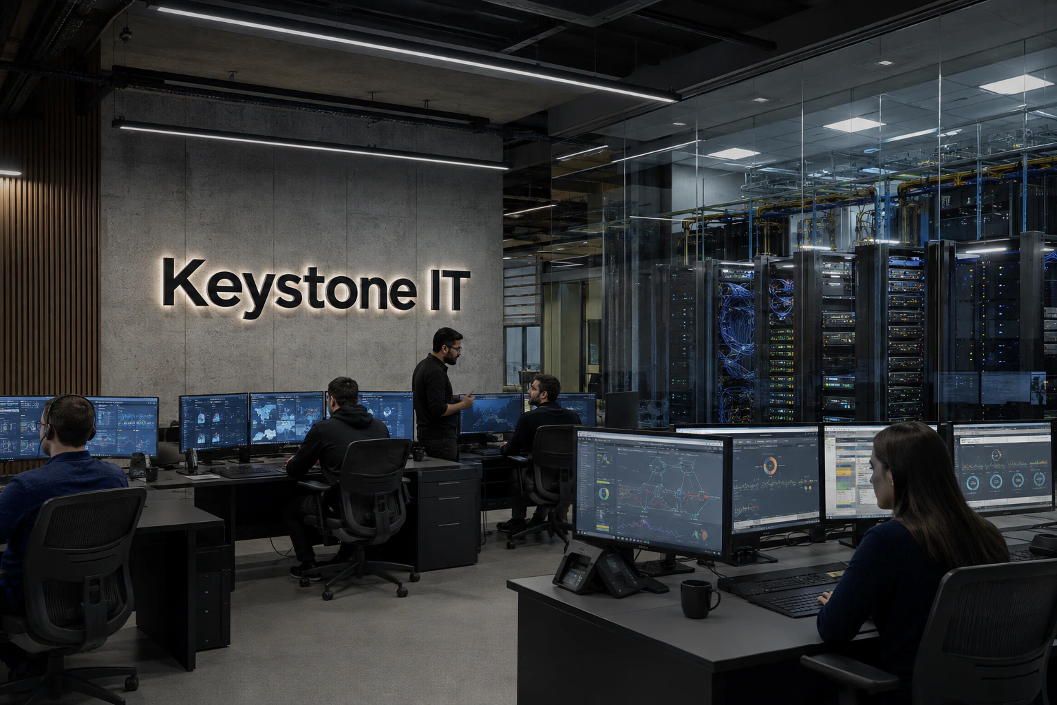 Keystone IT team monitoring infrastructure beside a secure server room