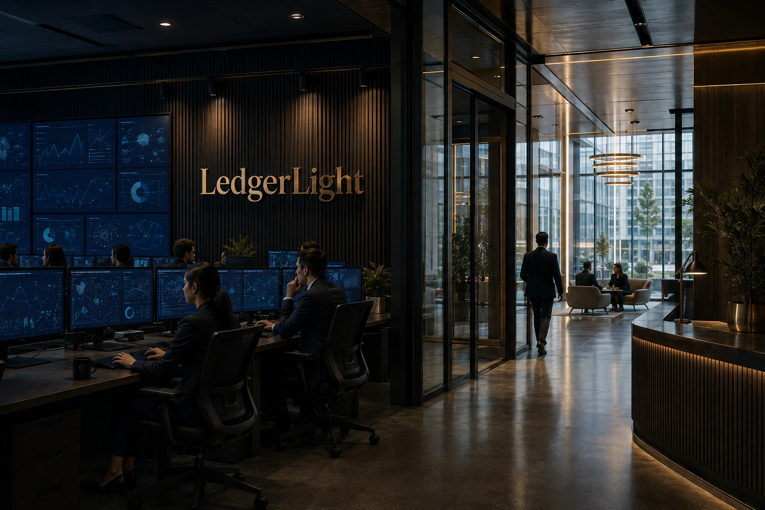 LedgerLight analysts working in a refined financial verification hub