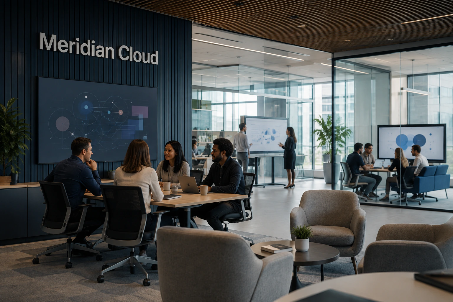 Meridian Cloud team collaborating in a bright onboarding studio