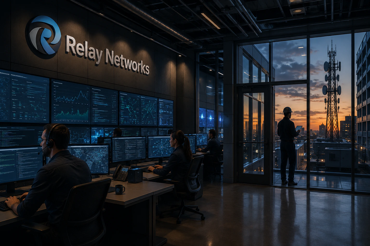 Relay Networks operations center overlooking a telecom tower at dusk