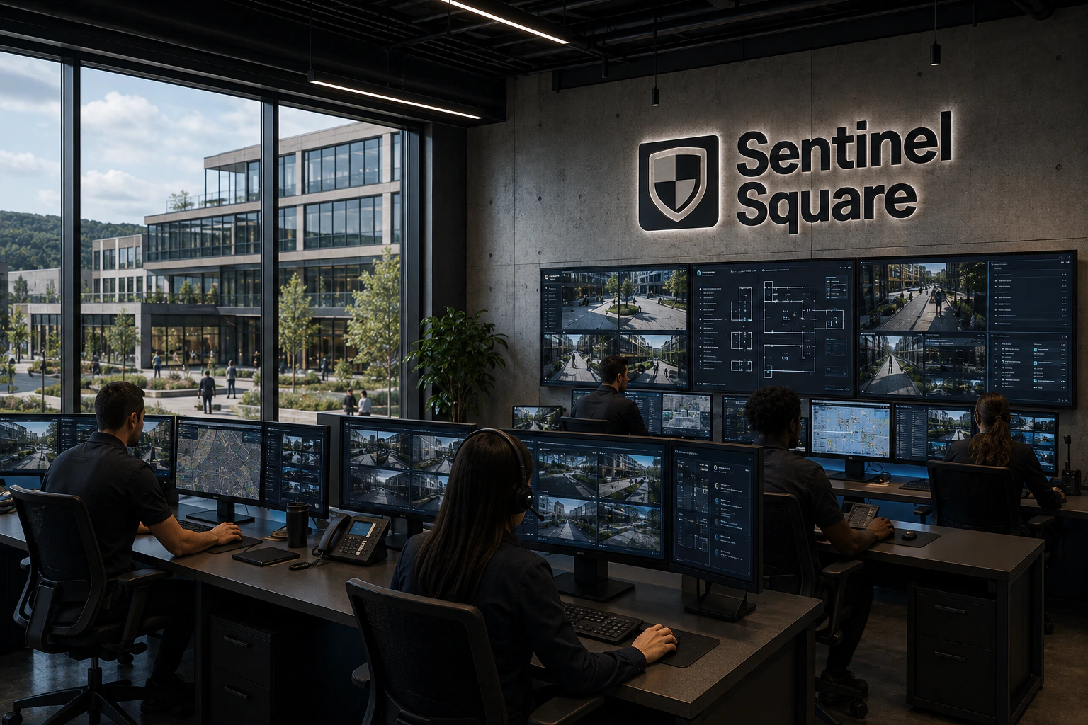 Sentinel Square operators coordinating security from a command center