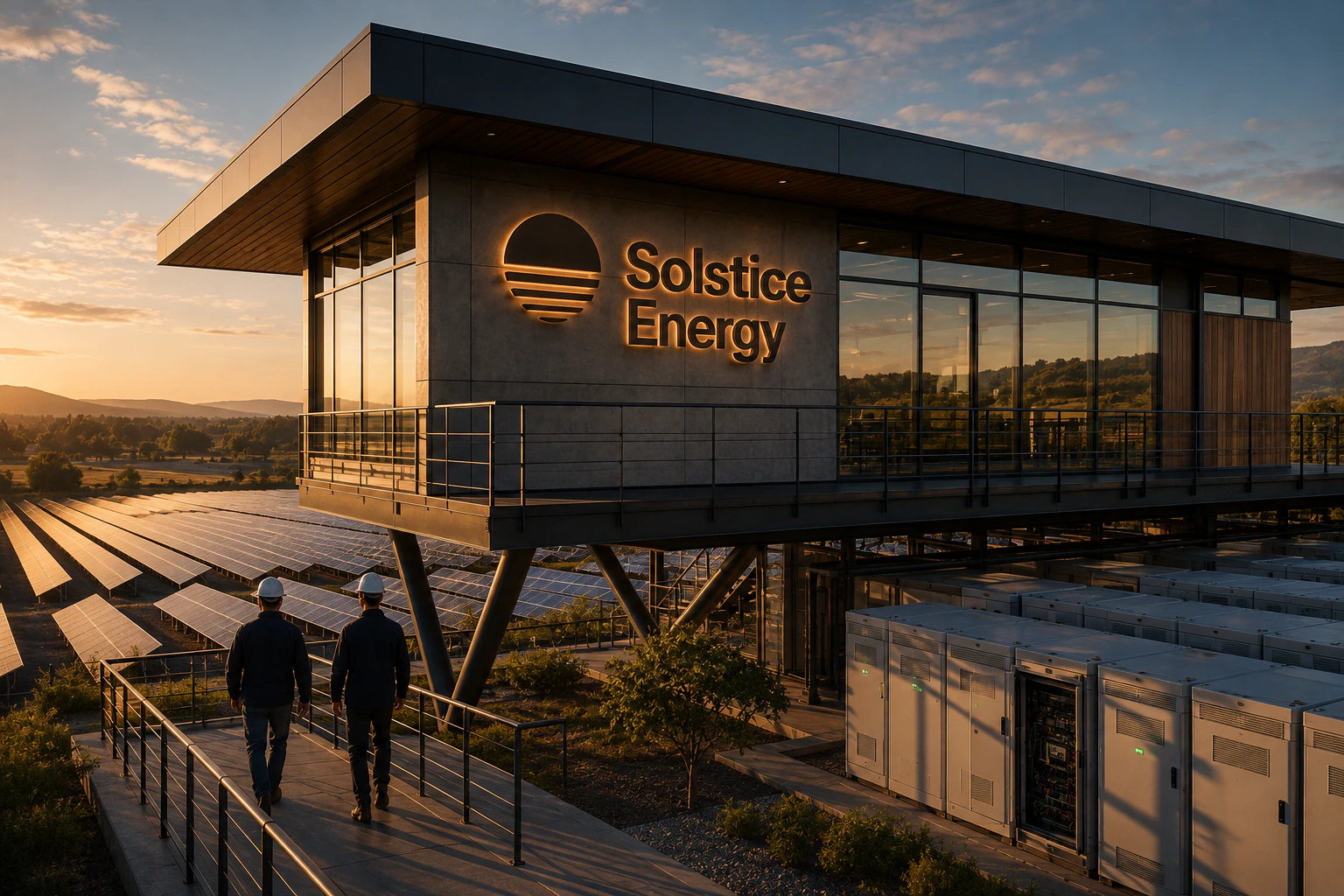 Solstice Energy solar campus at golden hour with engineers at work