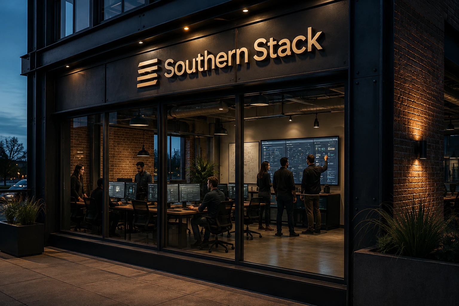 Southern Stack engineering team working inside a blue-hour studio