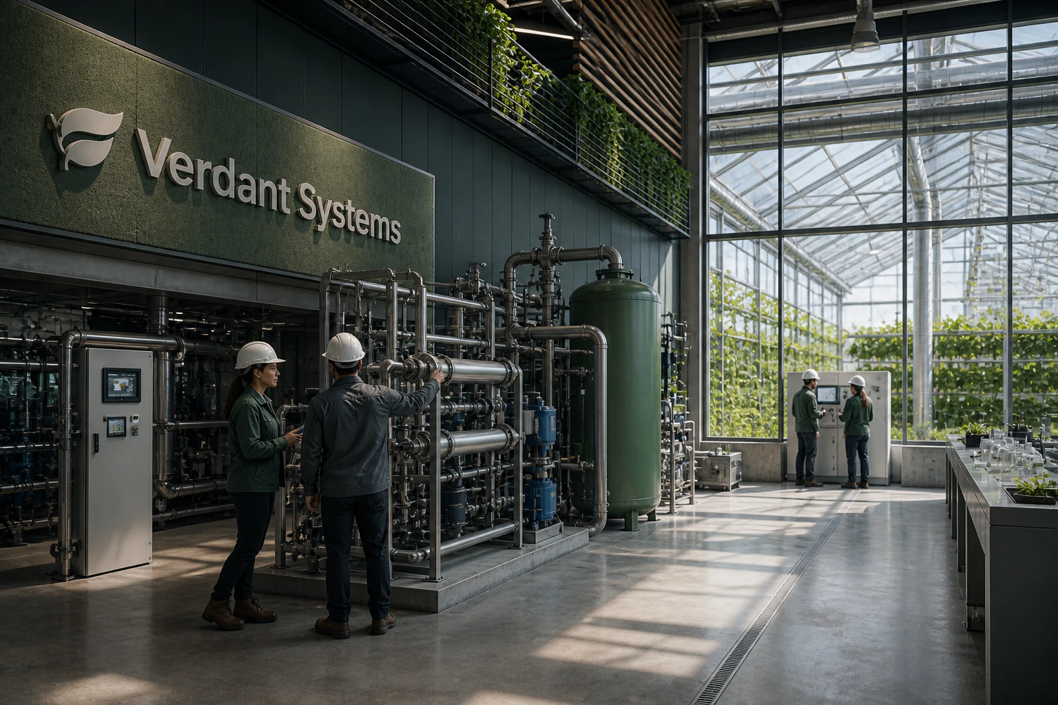 Verdant Systems engineers inspecting equipment in a cleantech greenhouse