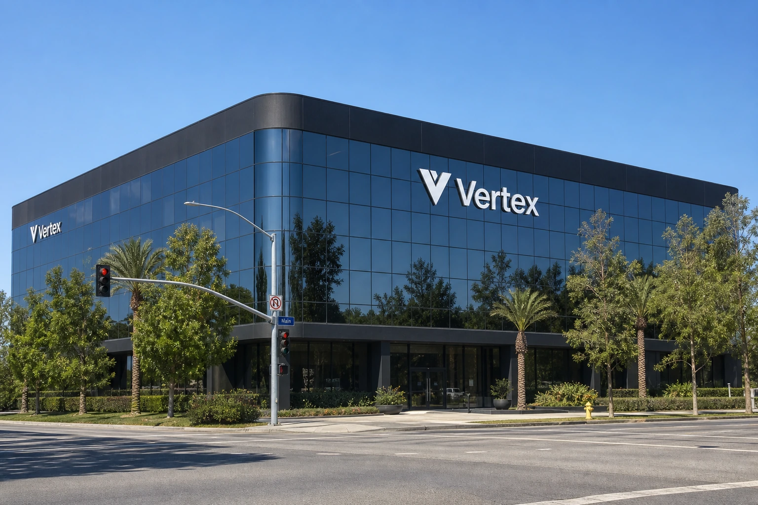 Vertex logo mounted on a modern glass technology headquarters