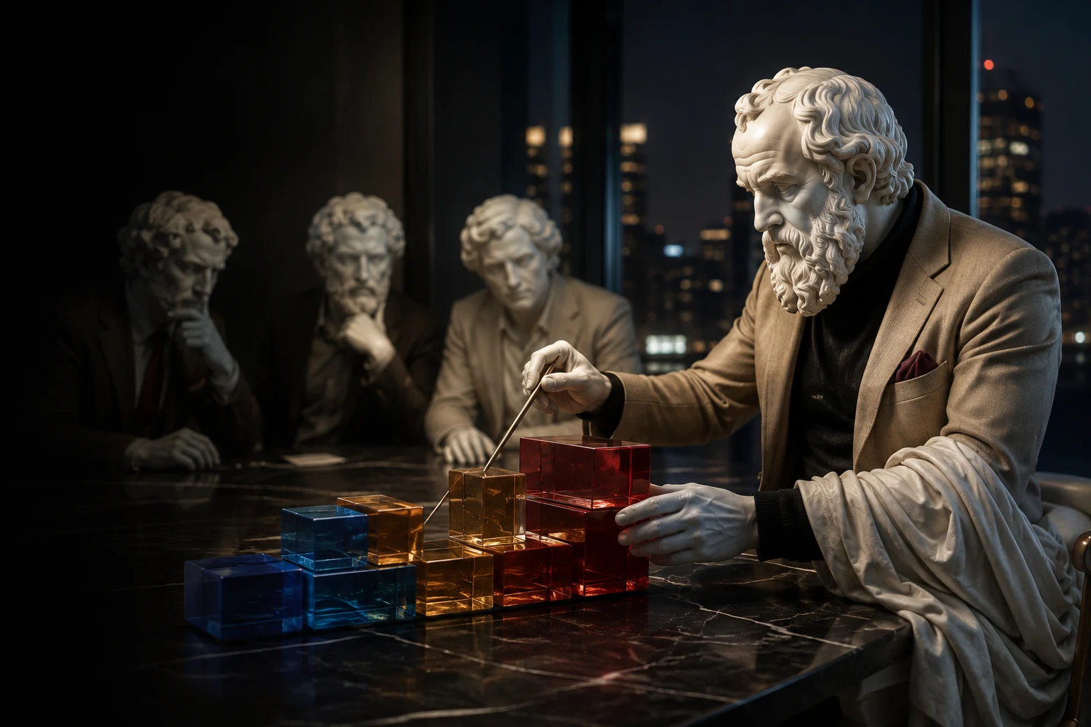 A marble strategy consultant arranging an operating model in a boardroom
